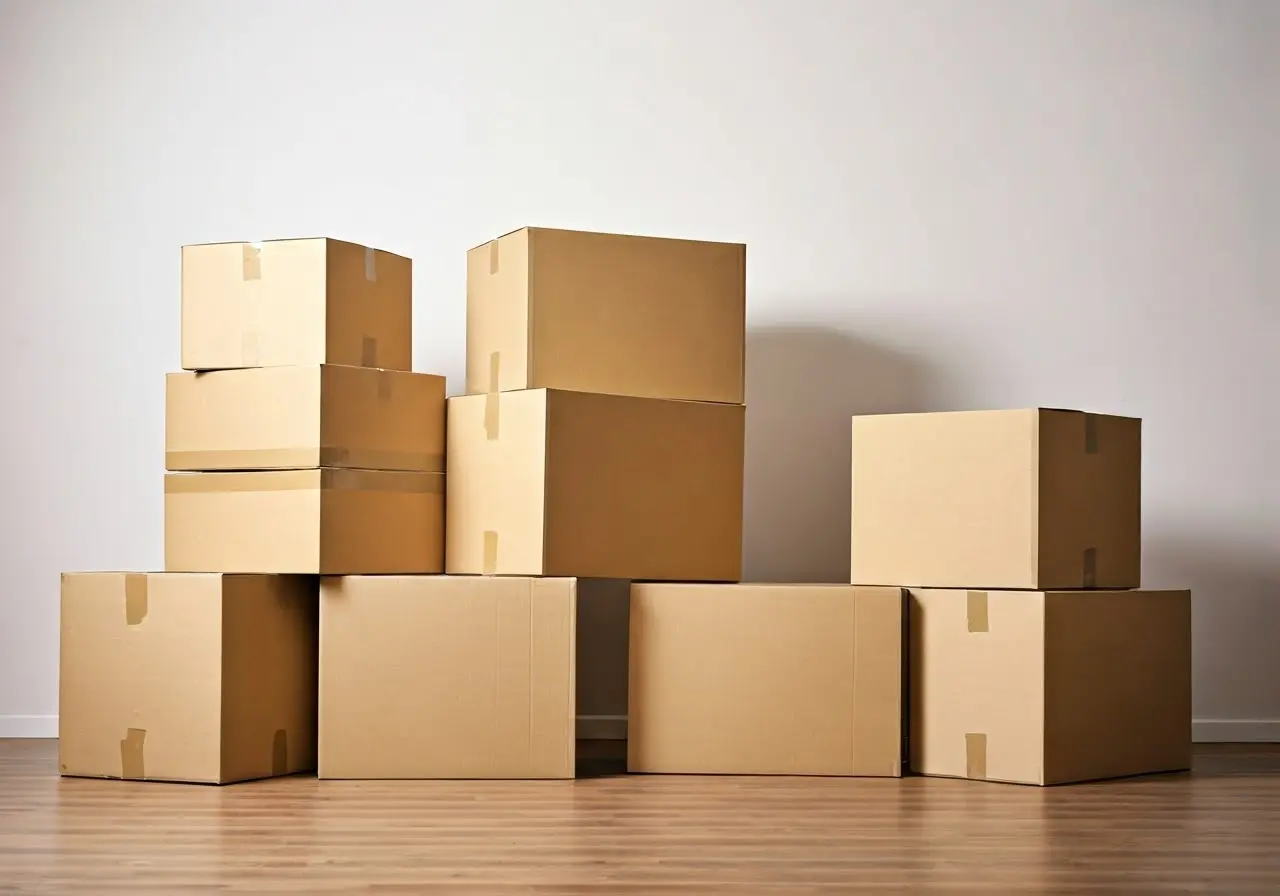 A set of large moving boxes in a cluttered room. 35mm stock photo