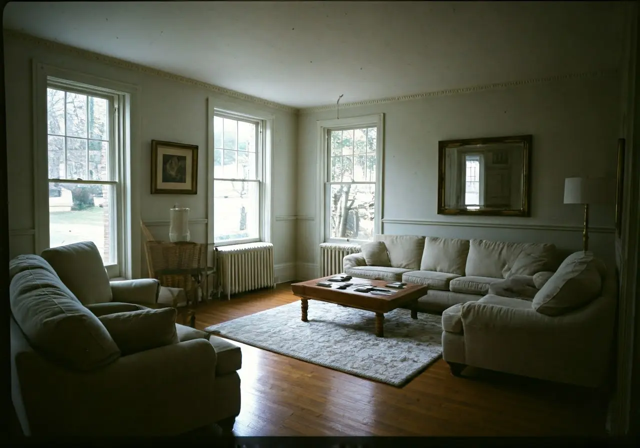 A pristine living room with spotless furniture and gleaming floors. 35mm stock photo