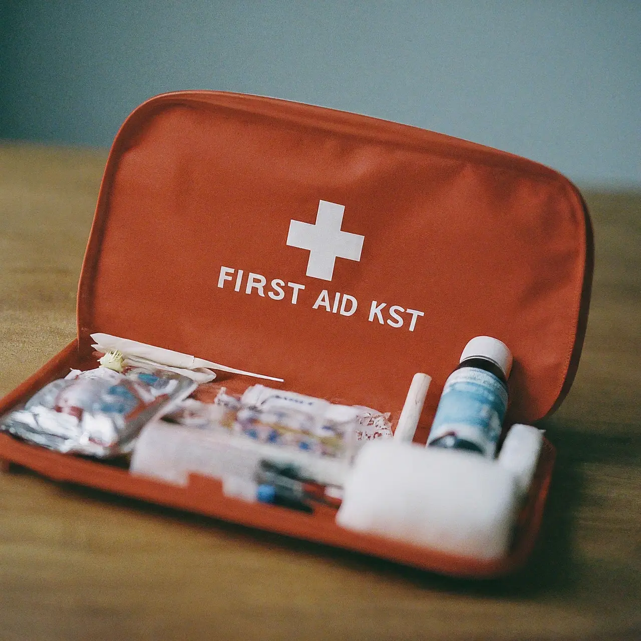 A well-stocked first aid kit on a wooden table. 35mm stock photo