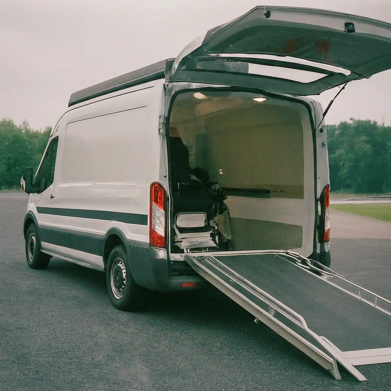 A wheelchair-accessible van with a ramp extended. 35mm stock photo