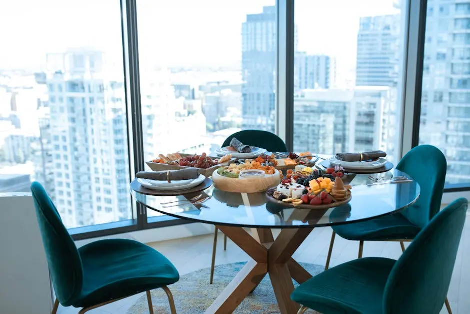 A stylish dining setup on a glass table with a cityscape background, featuring delicious platters.