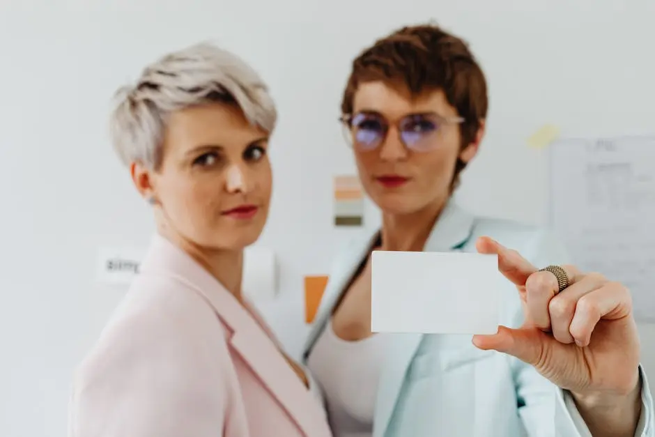 Two Women with Business Card