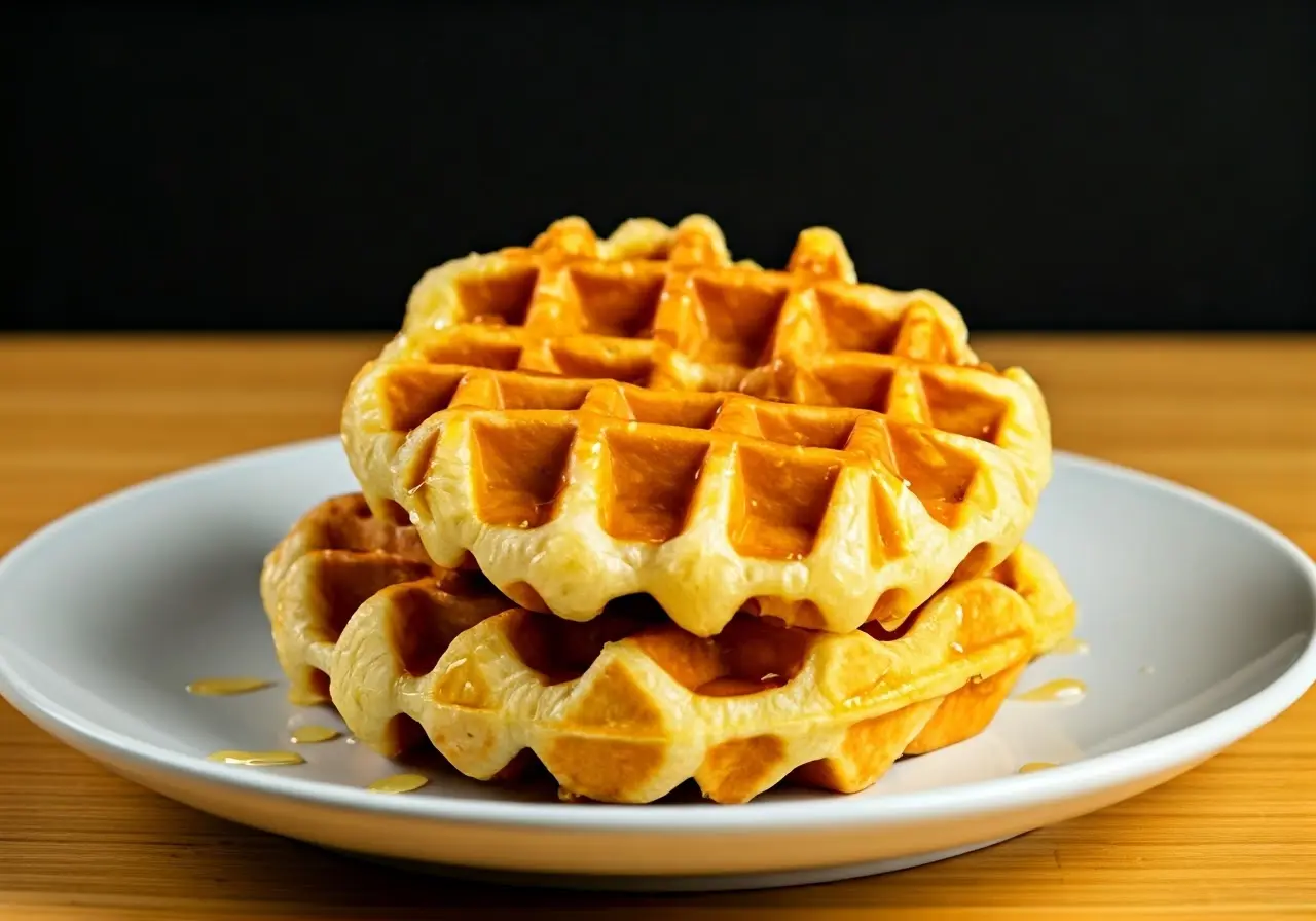 A close-up of golden durian waffles with honey drizzle. 35mm stock photo