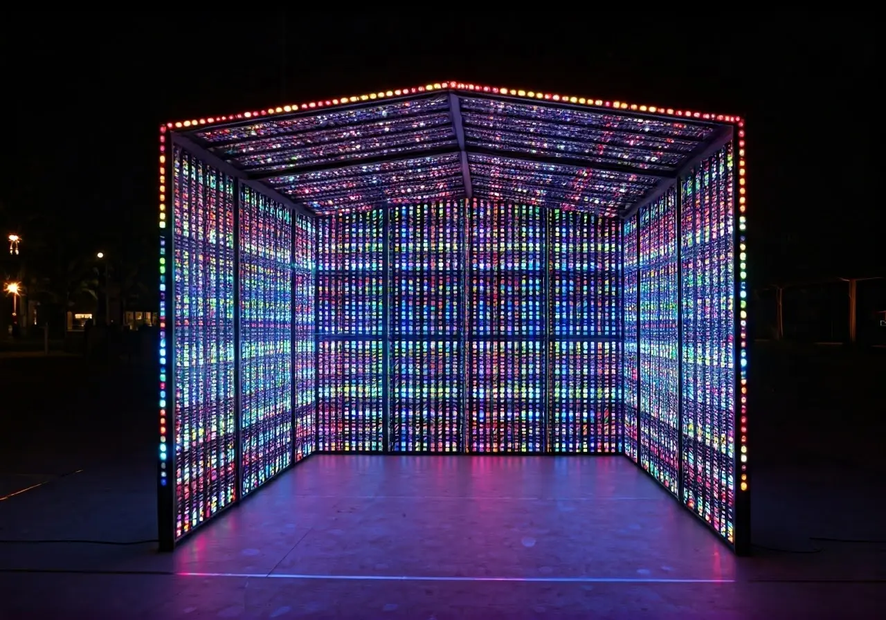 A glowing backlit booth with colorful LED lights. 35mm stock photo