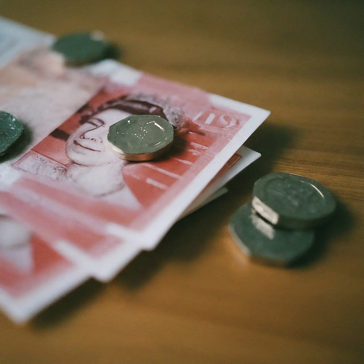 A close-up of British pound banknotes and coins on a desk. 35mm stock photo