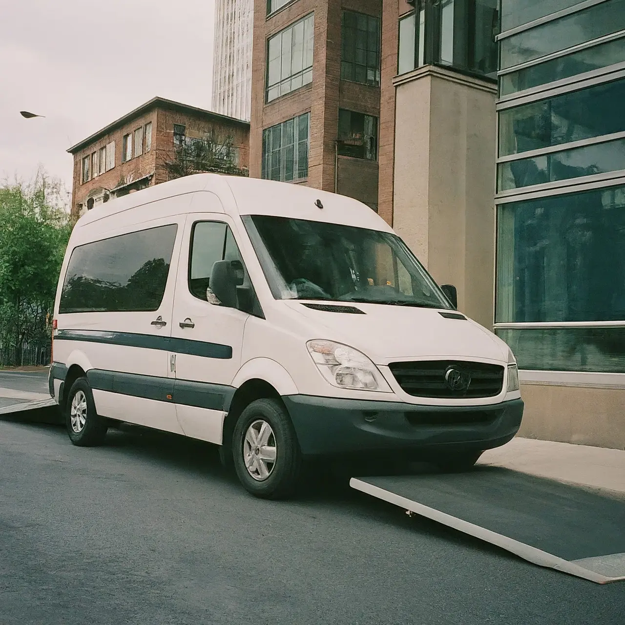 Wheelchair-accessible van with lowered ramp in urban setting. 35mm stock photo