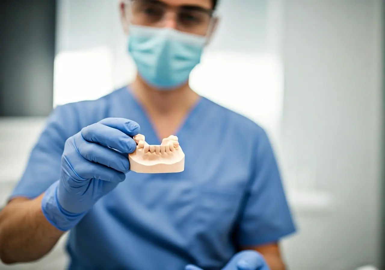 A dentist holding a dental impression mold in a clinic. 35mm stock photo