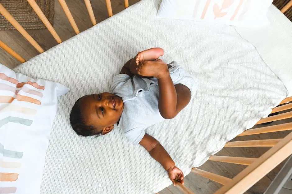 Cute baby lying in crib, smiling and playful. Perfect for parenting and lifestyle themes.