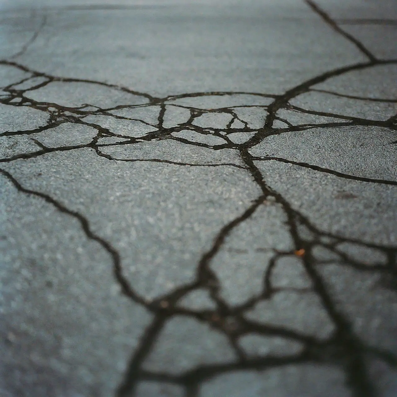 Close-up of cracked asphalt texture with faded paint lines. 35mm stock photo