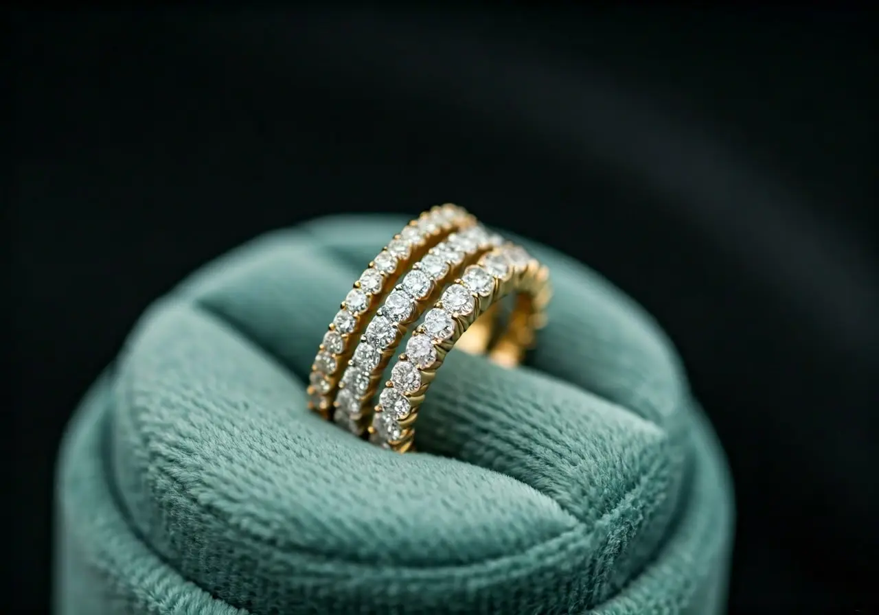 A series of diamond eternity bands on a velvet cushion. 35mm stock photo