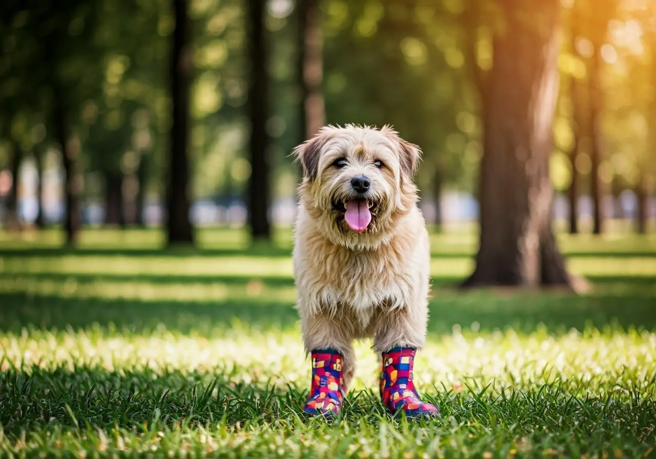 A playful dog wearing colorful boots in a park. 35mm stock photo