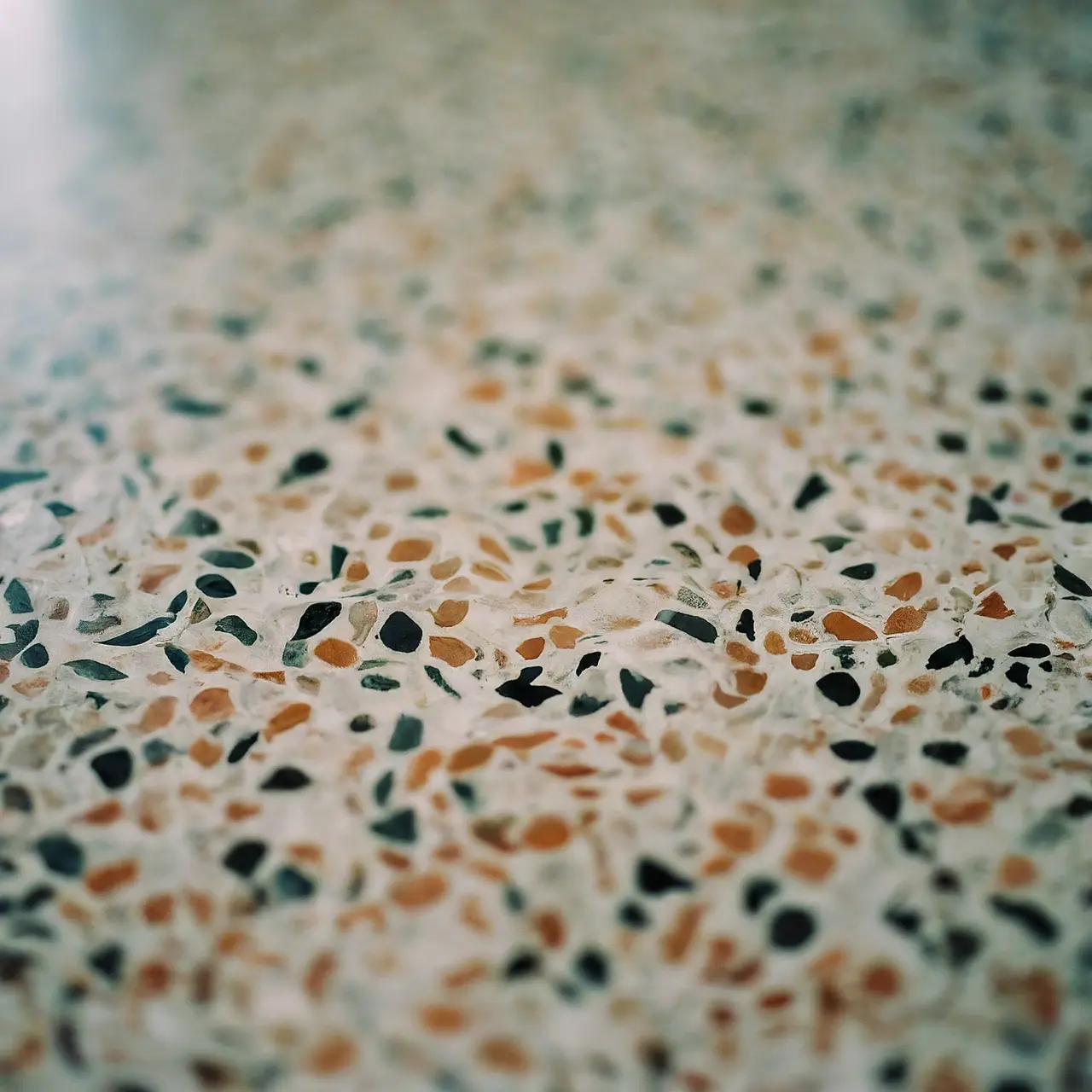 A close-up of clean and polished terrazzo tile flooring. 35mm stock photo