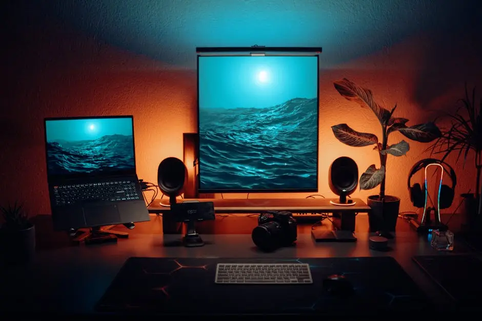 A desk with two monitors and a laptop