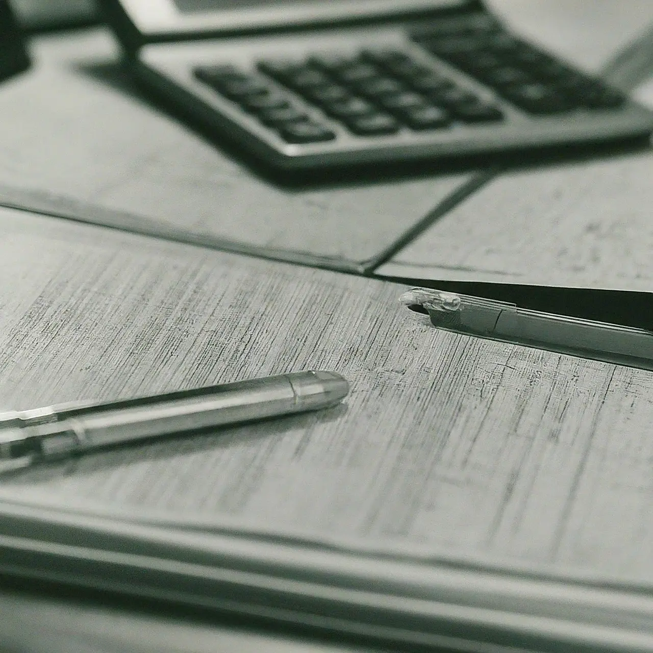 A desk with organized financial documents and a calculator. 35mm stock photo