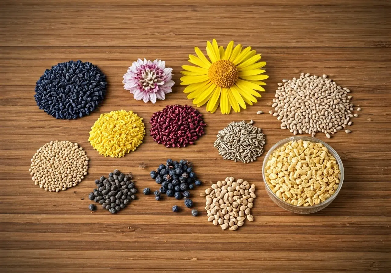 A variety of wildflower seeds displayed on a wooden table. 35mm stock photo