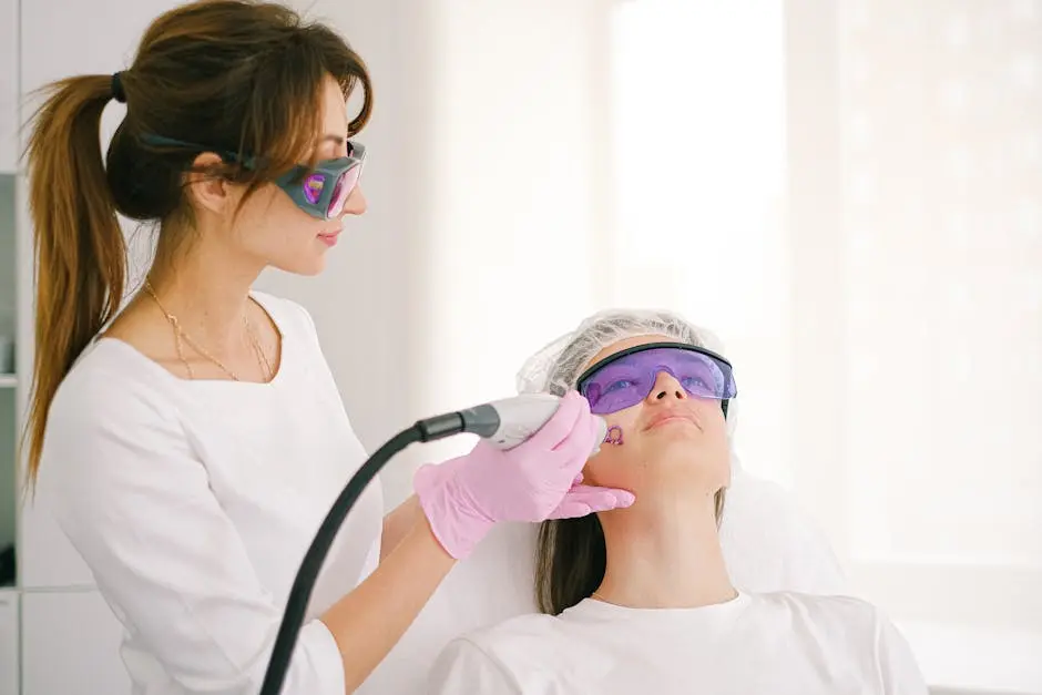 A cosmetologist performing laser treatment on a woman in a clinic setting.