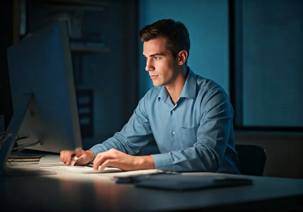 A technician working on a computer in an office. 35mm stock photo