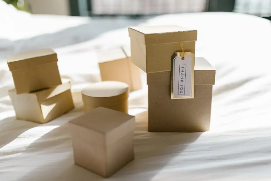 Cardboard gift boxes on a bed with thank you tag in natural light, perfect for product mockups.