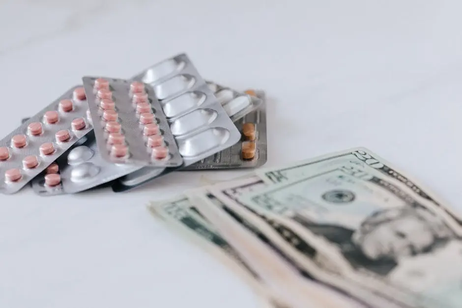 Various pill packages near American dollar bills