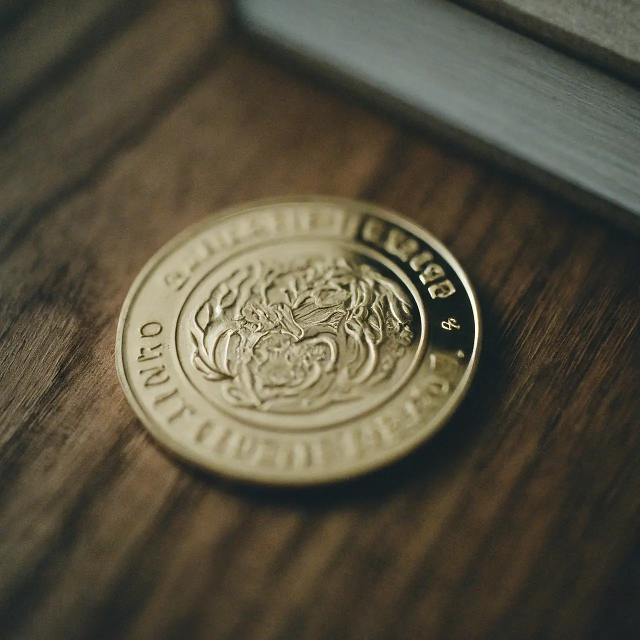 Close-up of a custom coin with company logo. 35mm stock photo