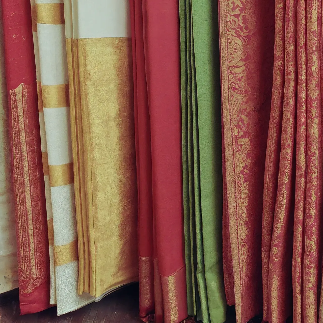 A collection of 15 traditional Bengali saris displayed neatly. 35mm stock photo