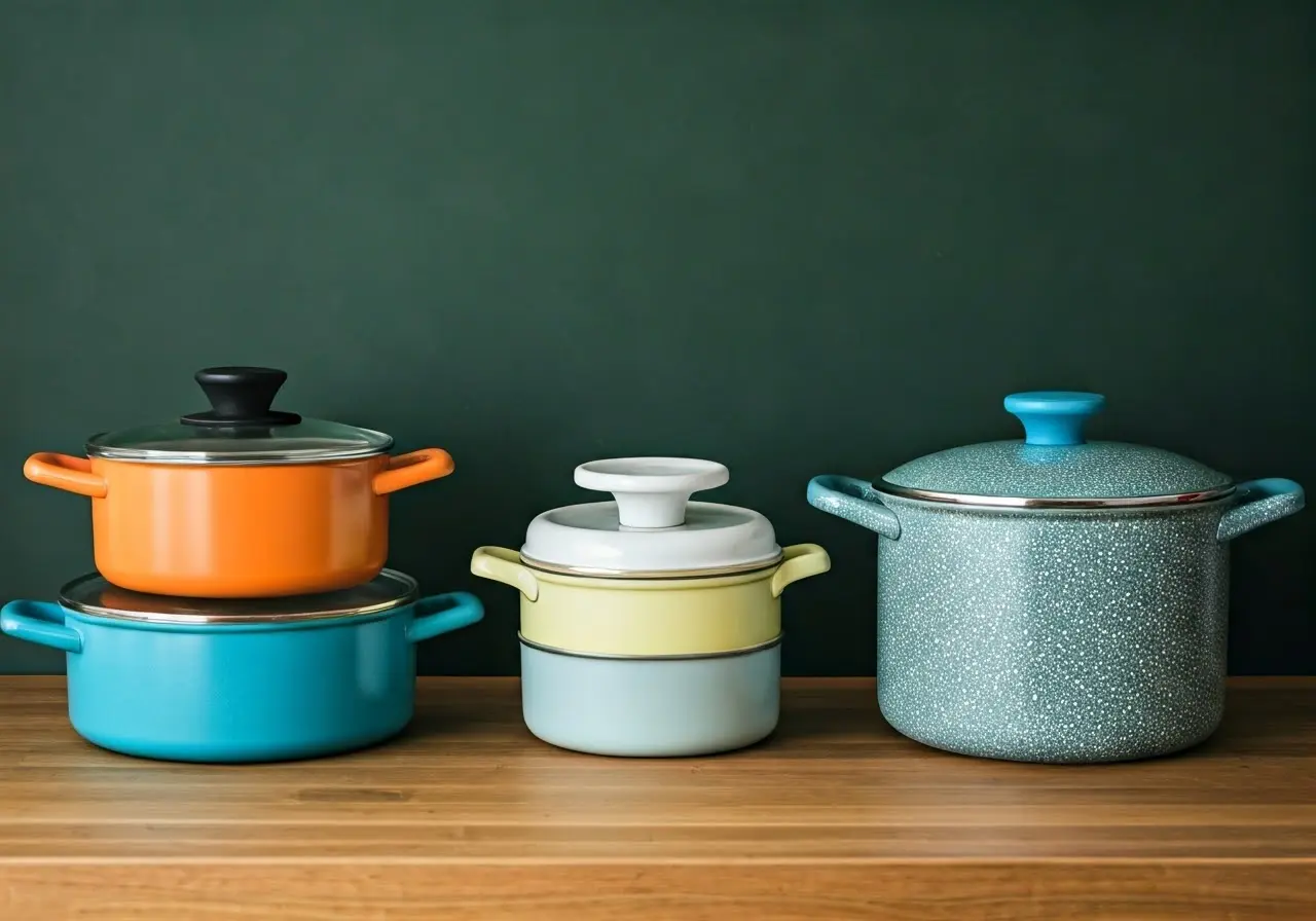 A selection of eco-friendly cookware in a Canadian kitchen. 35mm stock photo