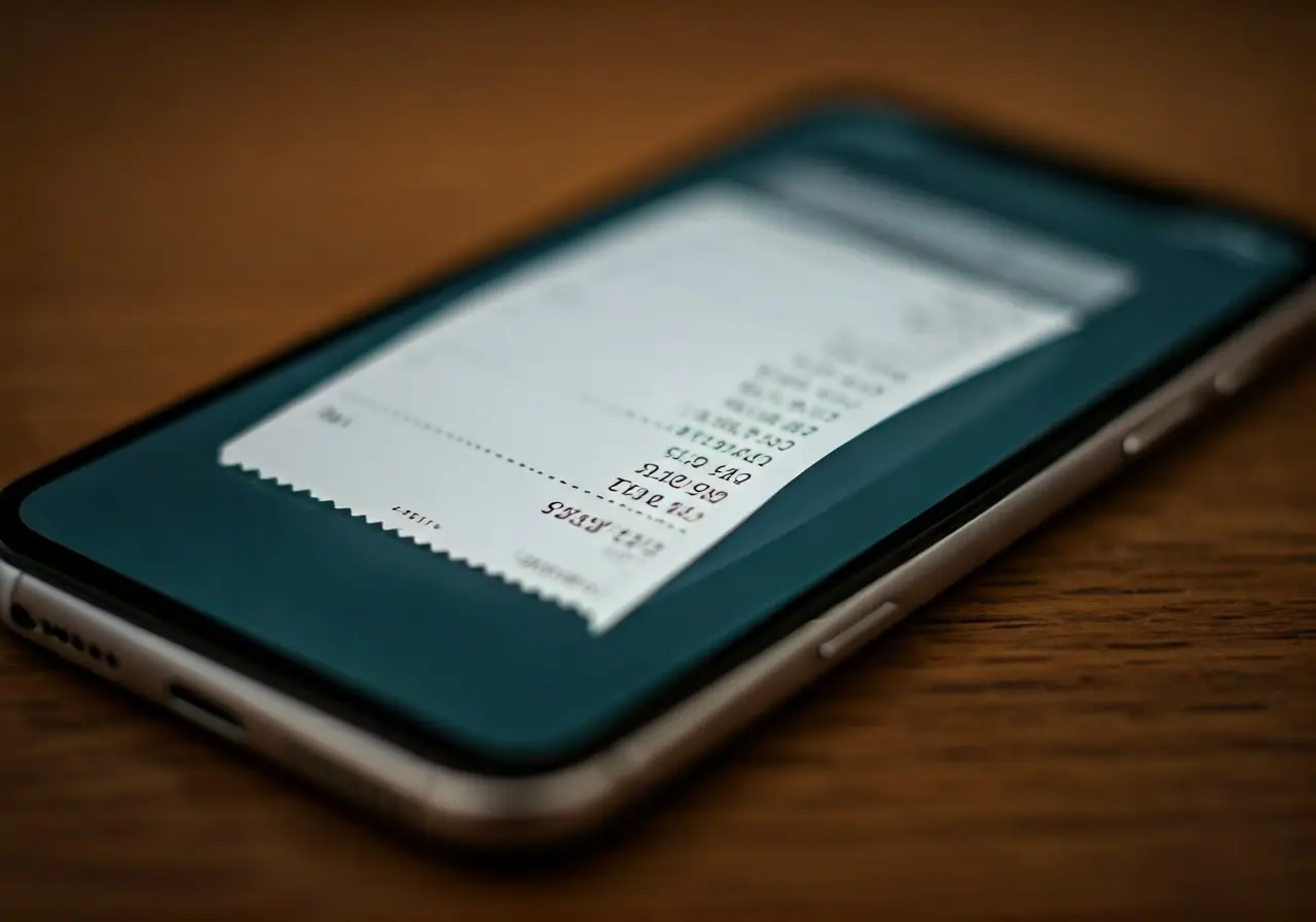 A digital receipt displayed on a smartphone screen. 35mm stock photo