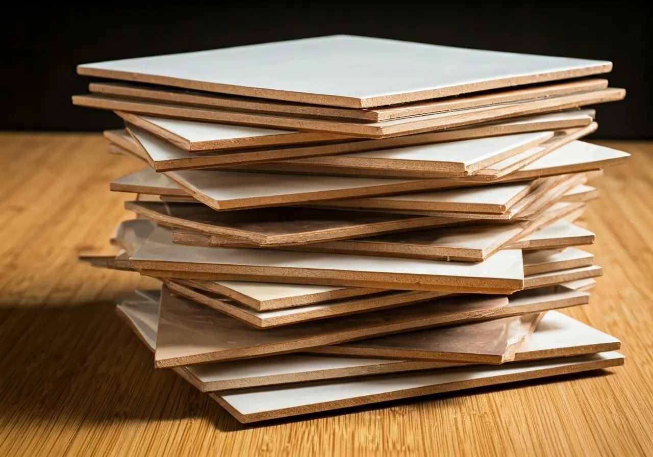 Stack of assorted porcelain tiles on a wooden floor. 35mm stock photo