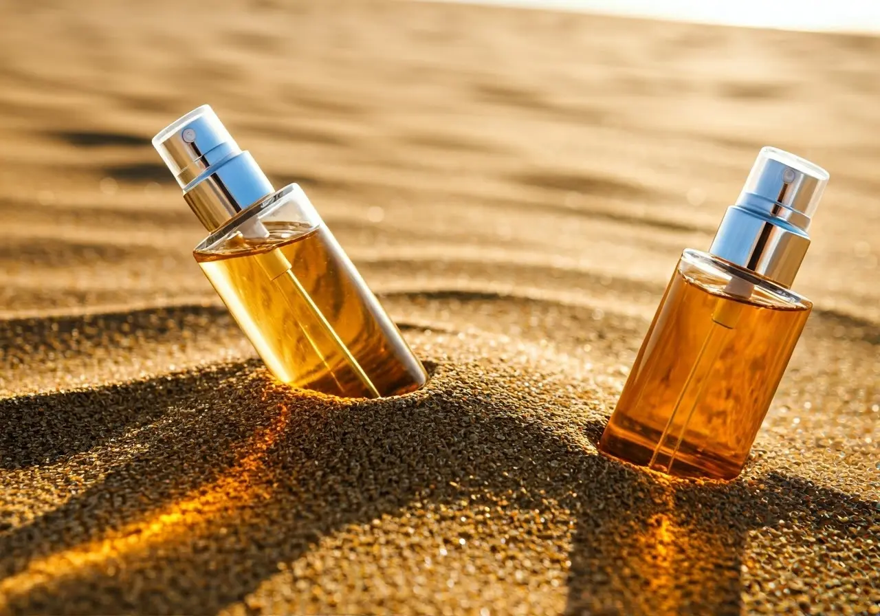 Close-up of translucent skincare bottles on a sandy beach. 35mm stock photo