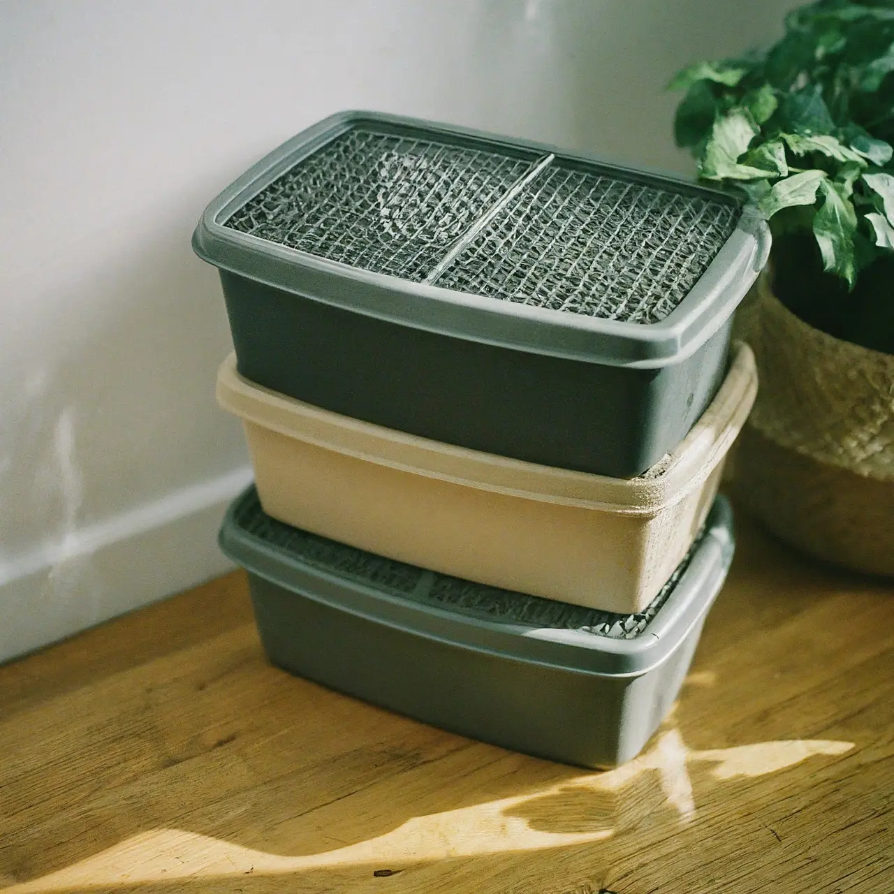 A stack of disposable litter boxes on a wooden floor. 35mm stock photo