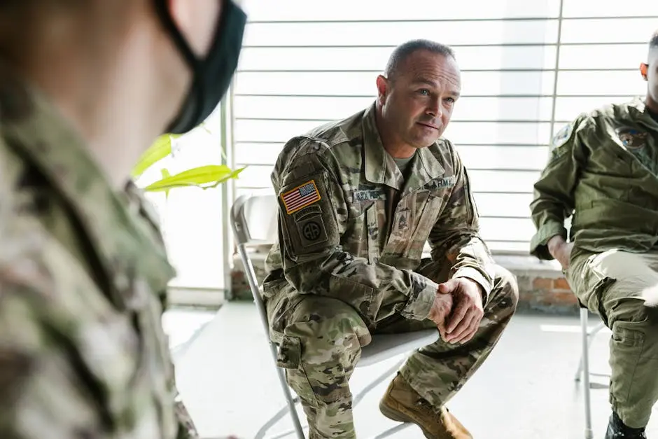 Military veterans participate in a group therapy session to support mental health recovery.