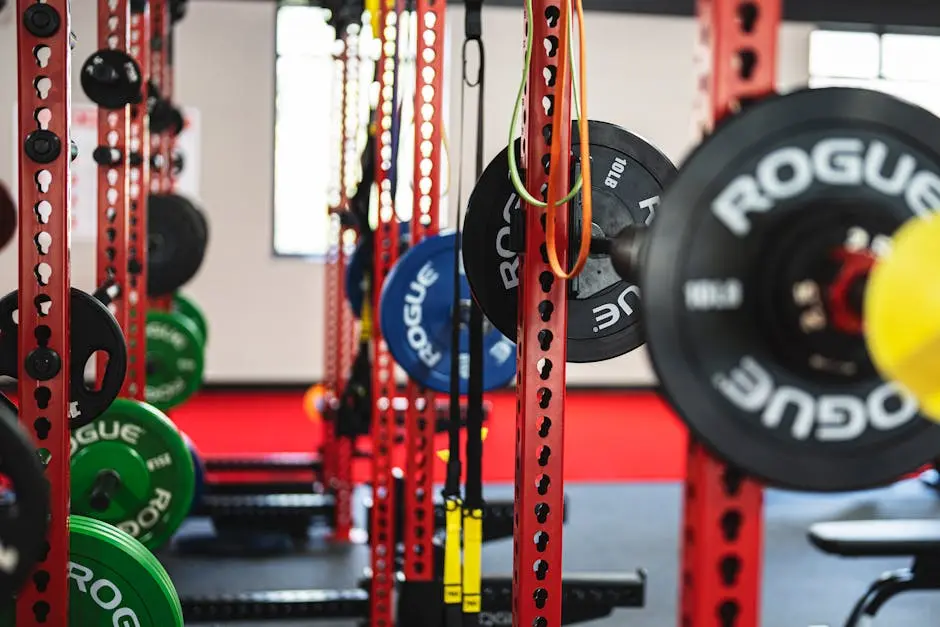 A gym with a variety of weights and equipment