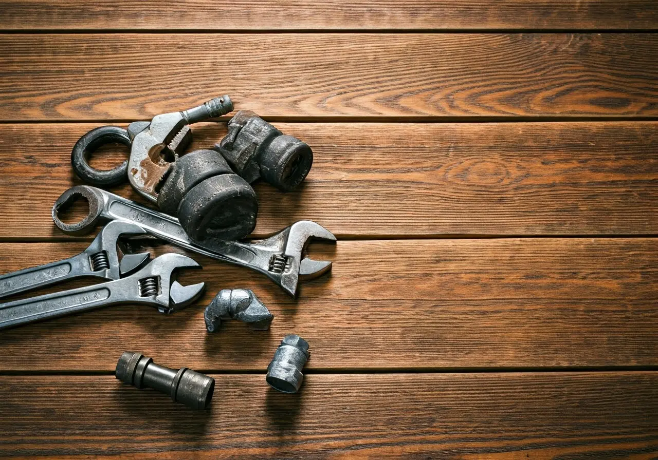 A plumber’s toolkit with pipes and wrenches on wooden table. 35mm stock photo