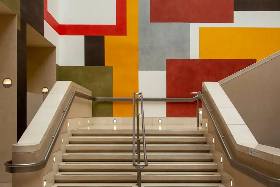 Interior staircase with vibrant geometric wall design, featuring bold colors and modern architecture.