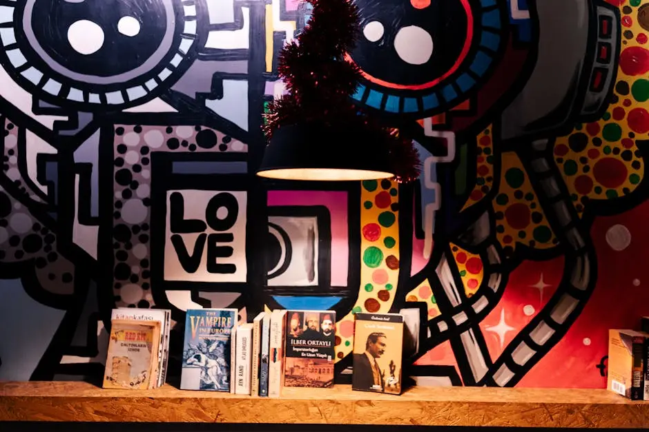 Vibrant urban art mural with a variety of books displayed on a shelf, creating an artistic atmosphere.