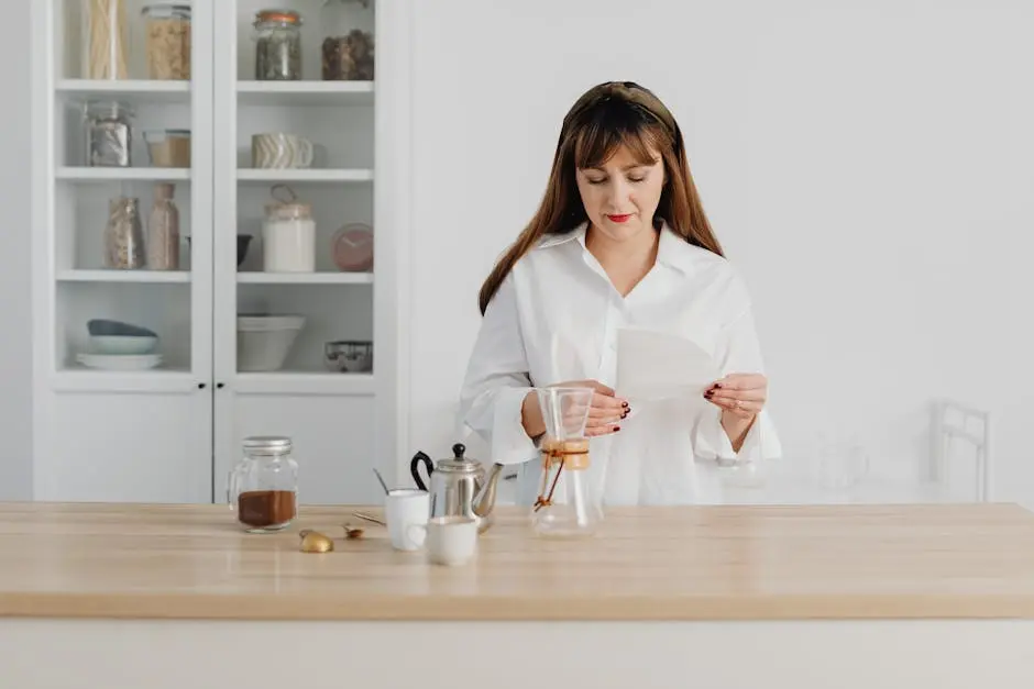 A woman reading instructions while making coffee in a bright, modern kitchen setting.