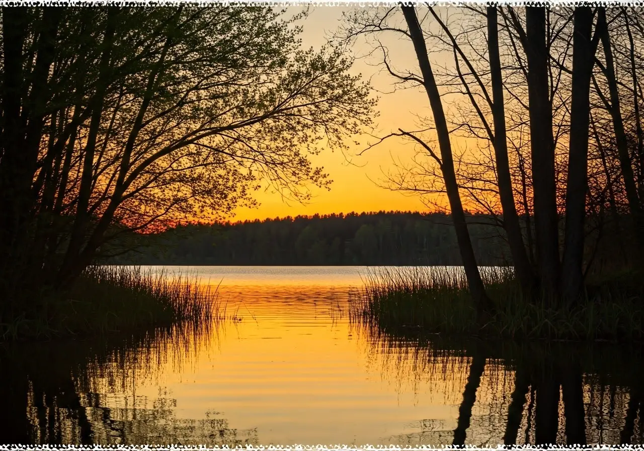 A serene nature scene with a glowing sunset background. 35mm stock photo