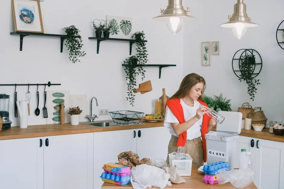 Woman organizing recyclables in a contemporary kitchen setting, promoting eco-friendliness.