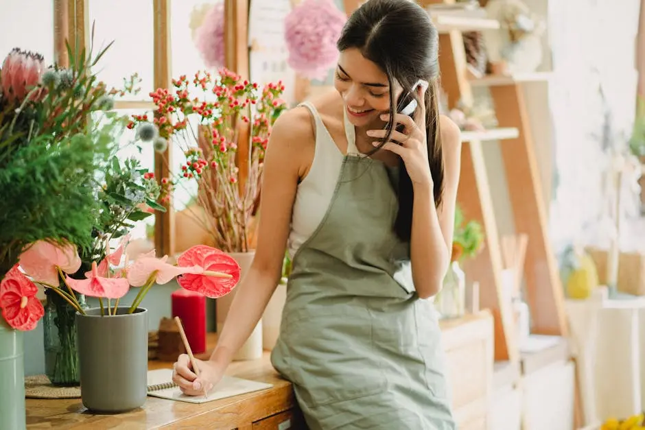 Happy woman talking on smartphone while working