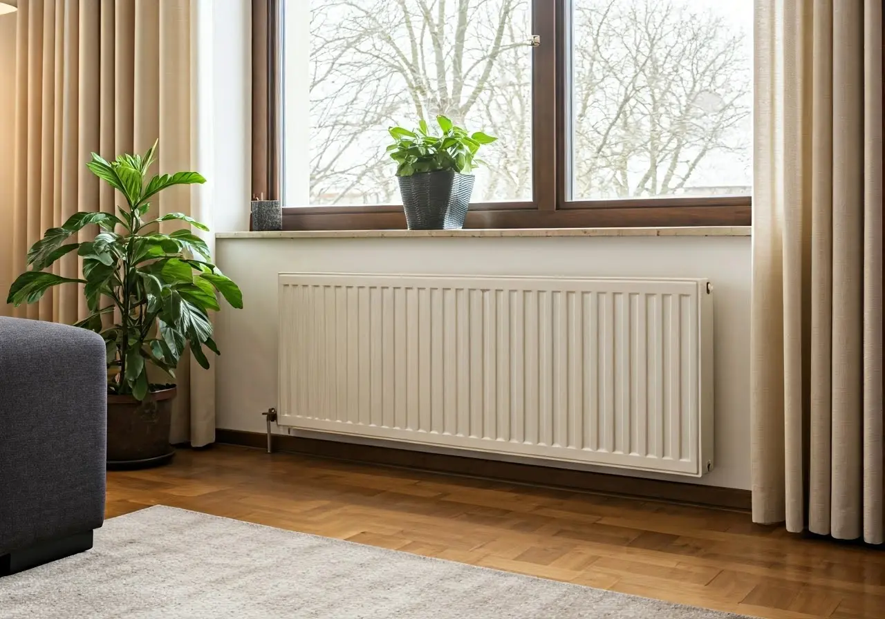 Image of a cozy, well-ventilated living room with heating vents. 35mm stock photo