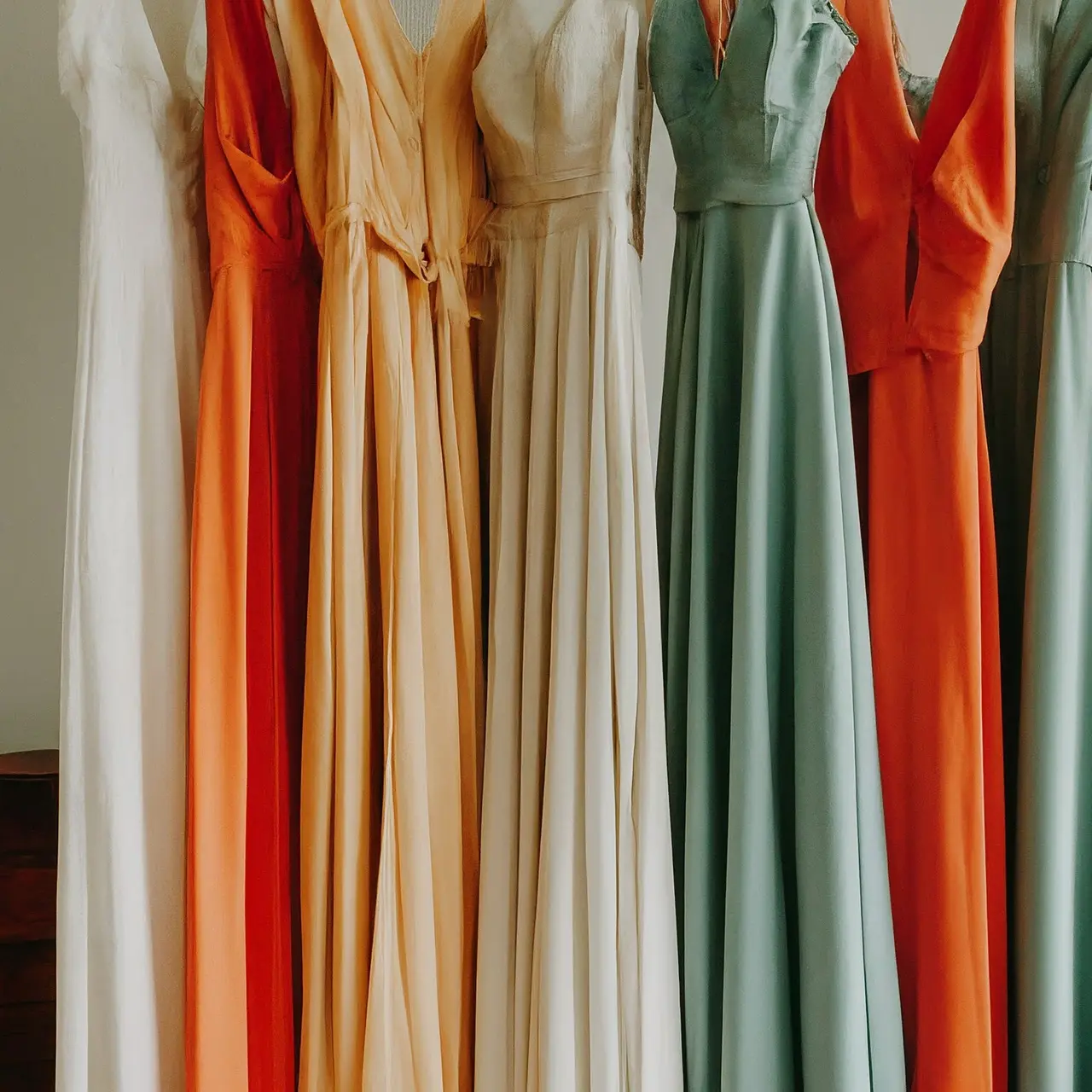 A variety of colorful bridesmaid dresses hanging in a row. 35mm stock photo