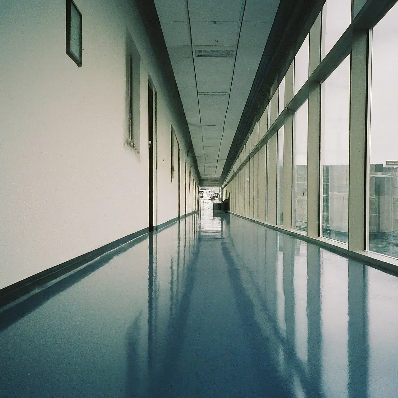 A spotless, shiny office hallway with polished floors and clean surfaces. 35mm stock photo