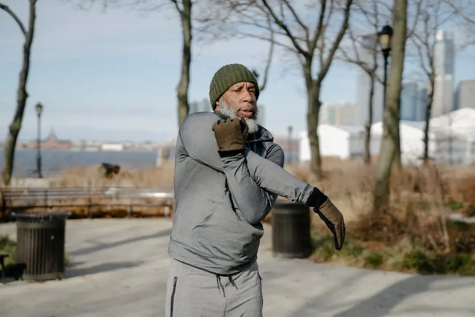 Senior black man stretching arm while doing morning exercise outdoors