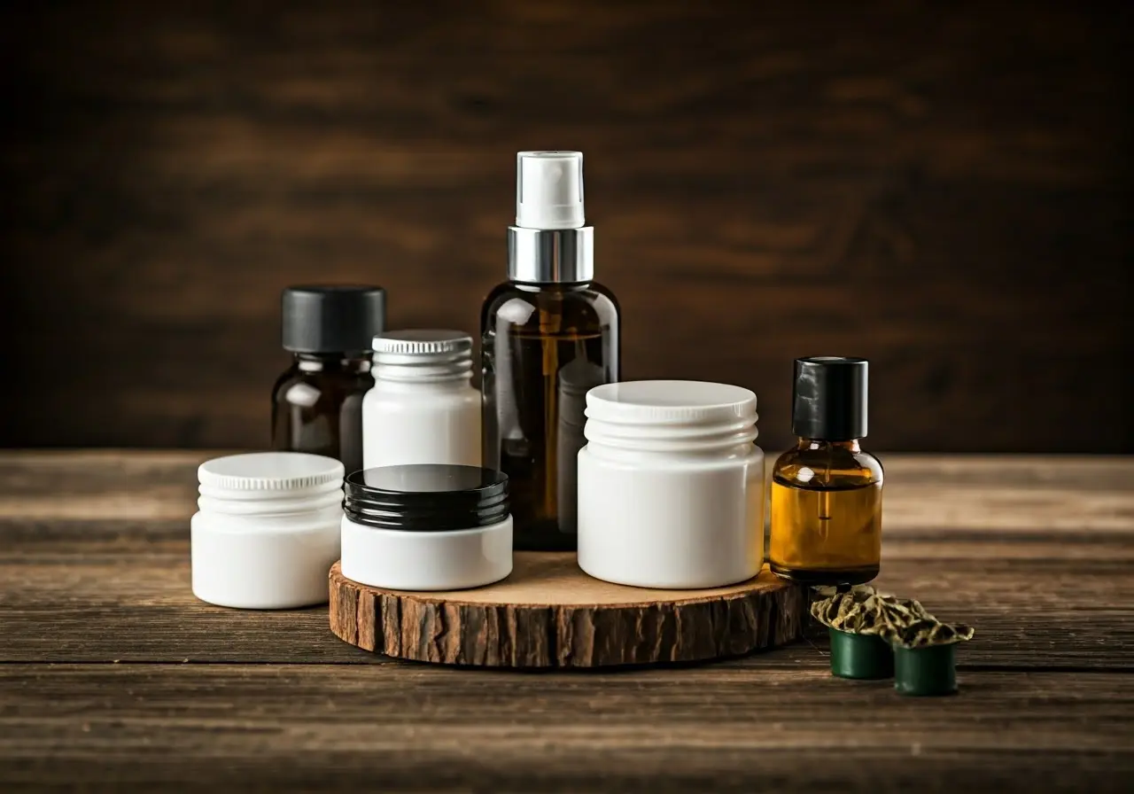 Assorted natural skincare products arranged on a wooden surface. 35mm stock photo