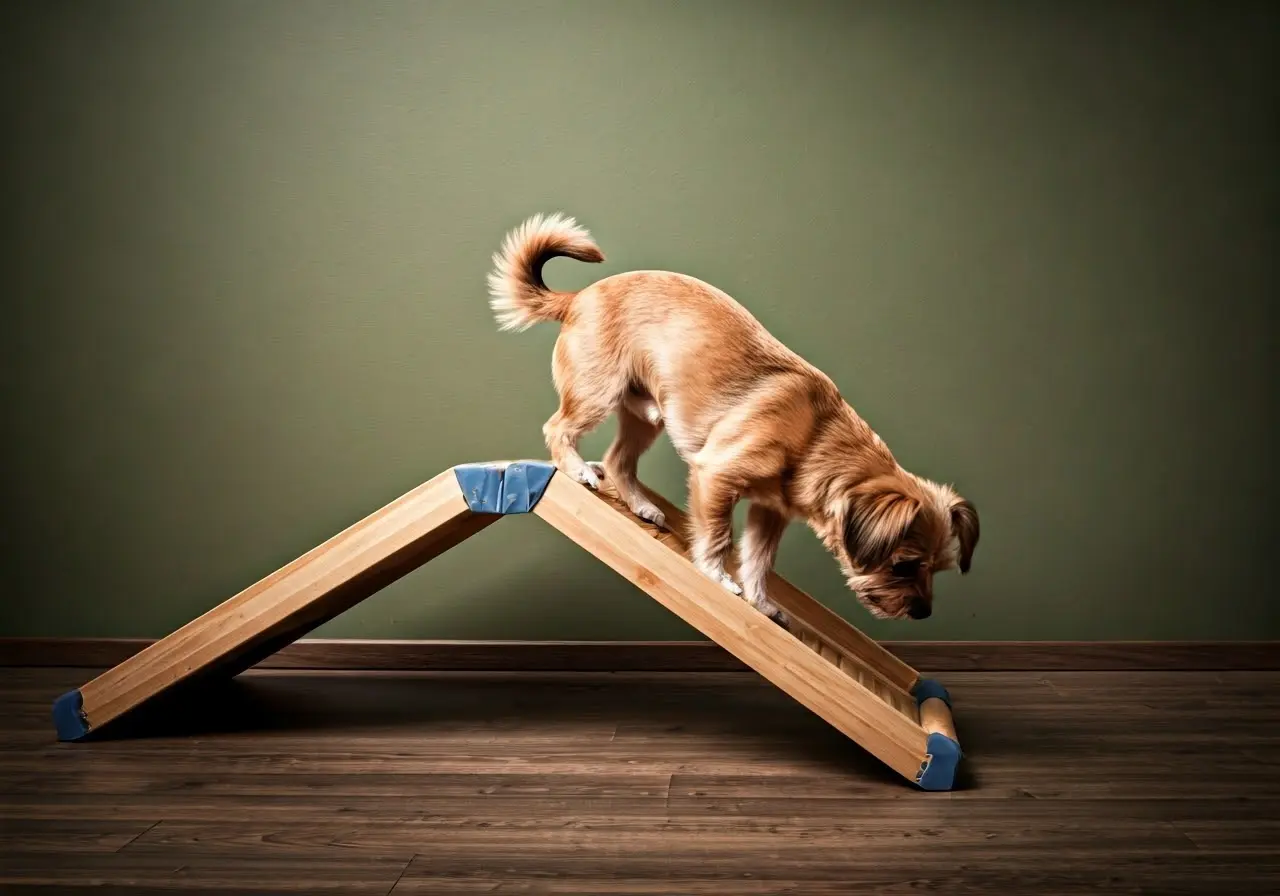 A small dog using a pet ramp indoors. 35mm stock photo