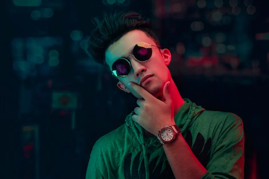 Portrait of a young man in sunglasses and neon lighting, showcasing modern fashion.