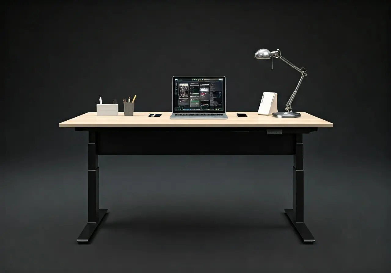 Modern office with a sleek standing desk and digital devices. 35mm stock photo