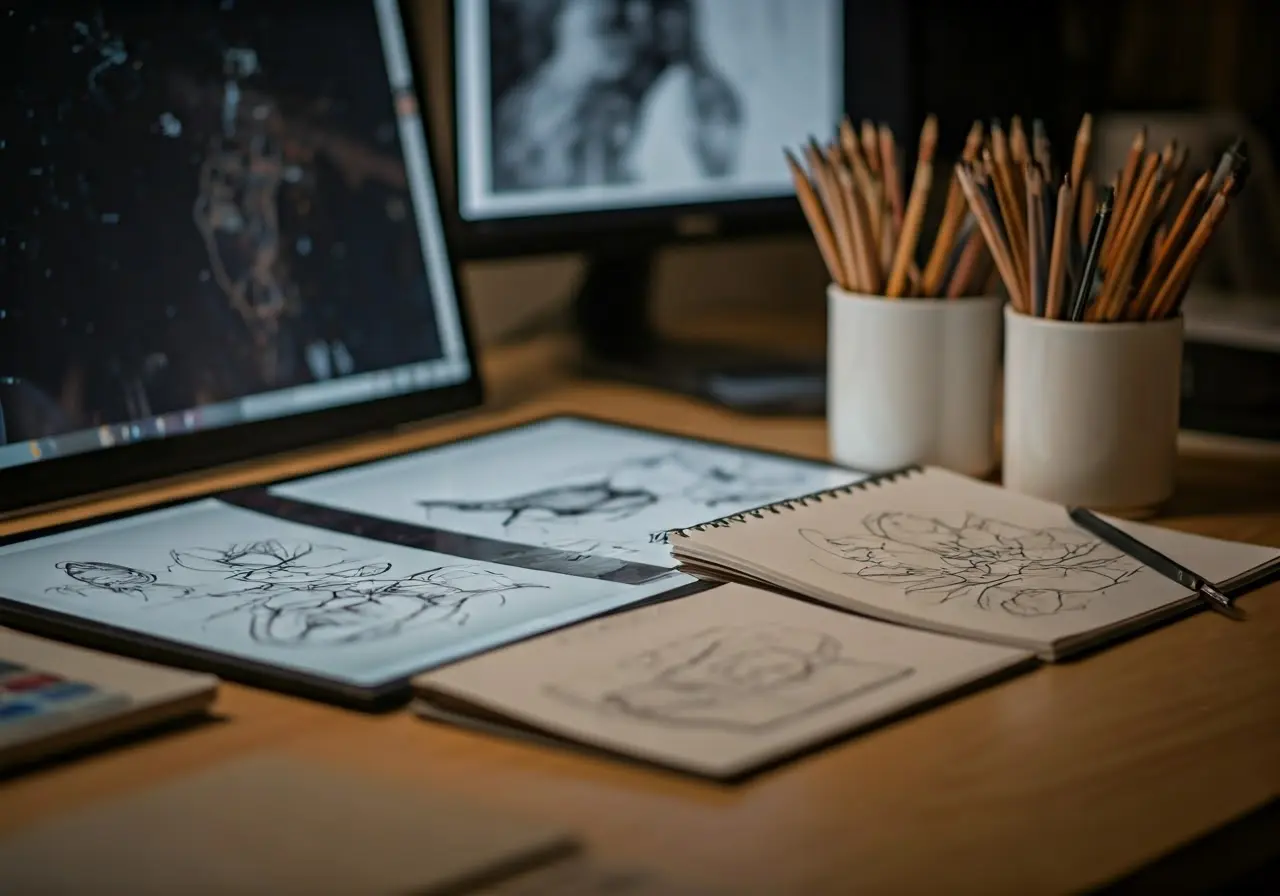 A designer’s workspace with sketchbooks, pencils, and digital screens. 35mm stock photo