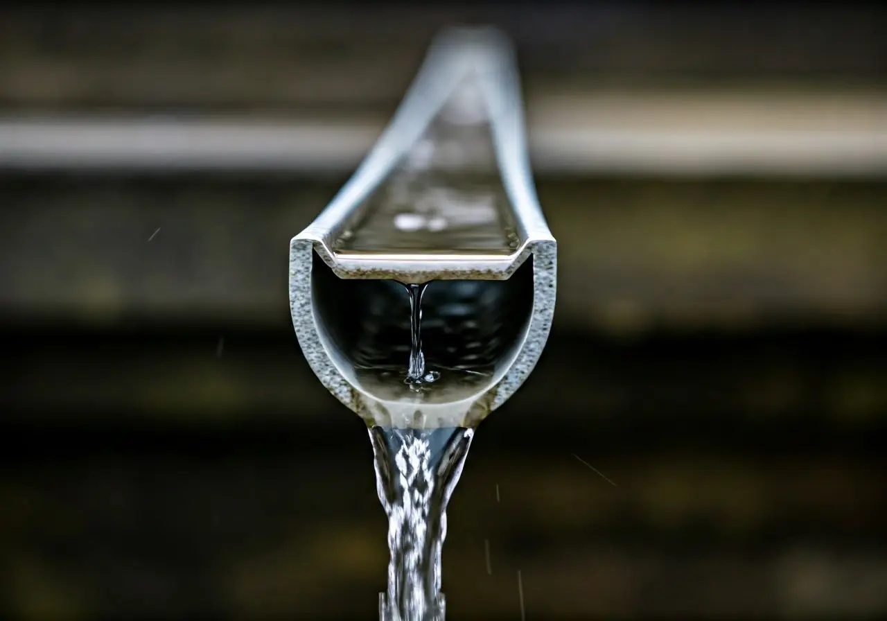 A close-up of a clean rain gutter with flowing water. 35mm stock photo