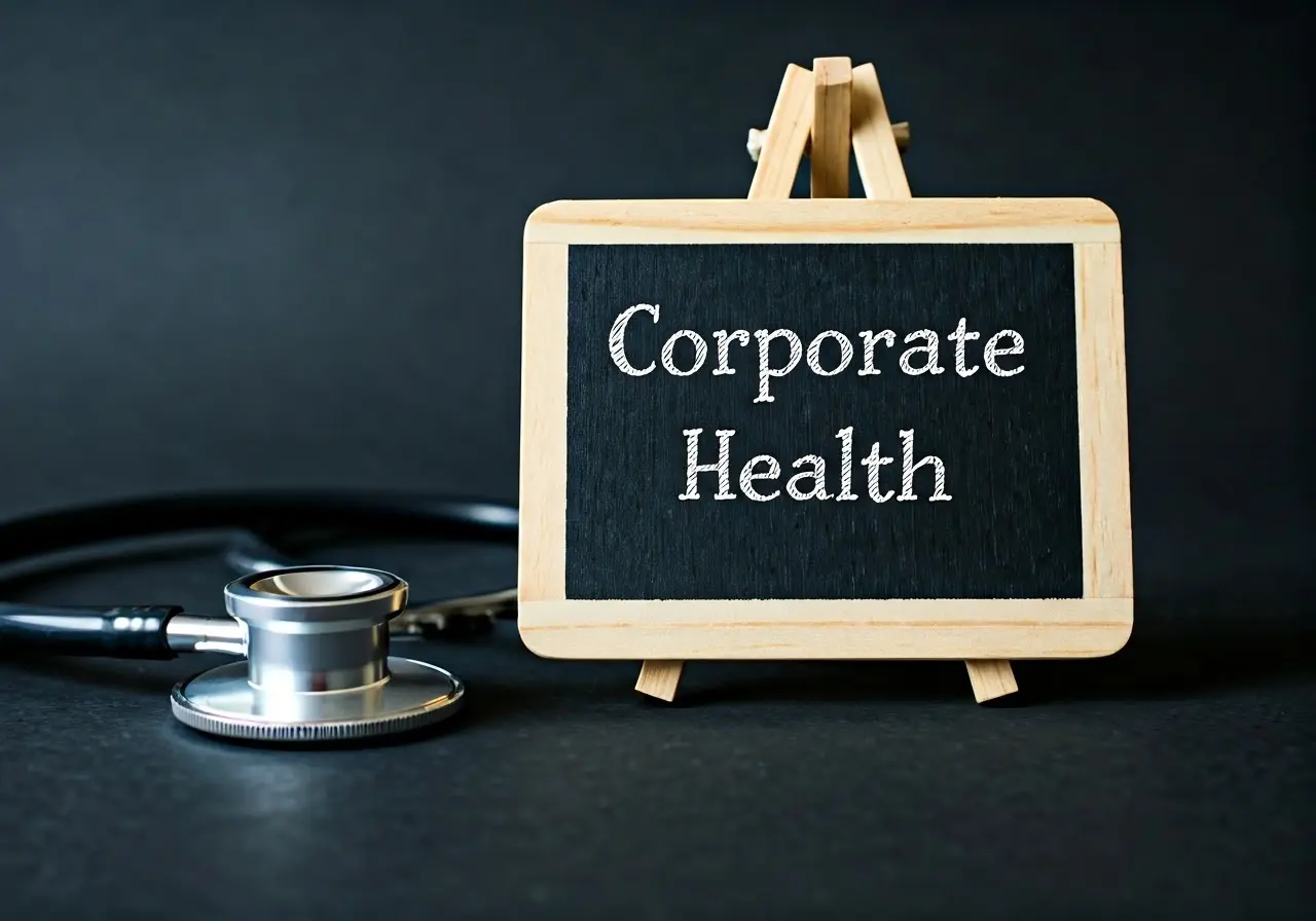 A stethoscope and a small chalkboard reading Corporate Health. 35mm stock photo